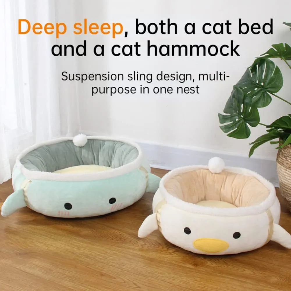 Green chick-shaped cat bed shown both flat and hanging as a hammock, suitable for small pets.