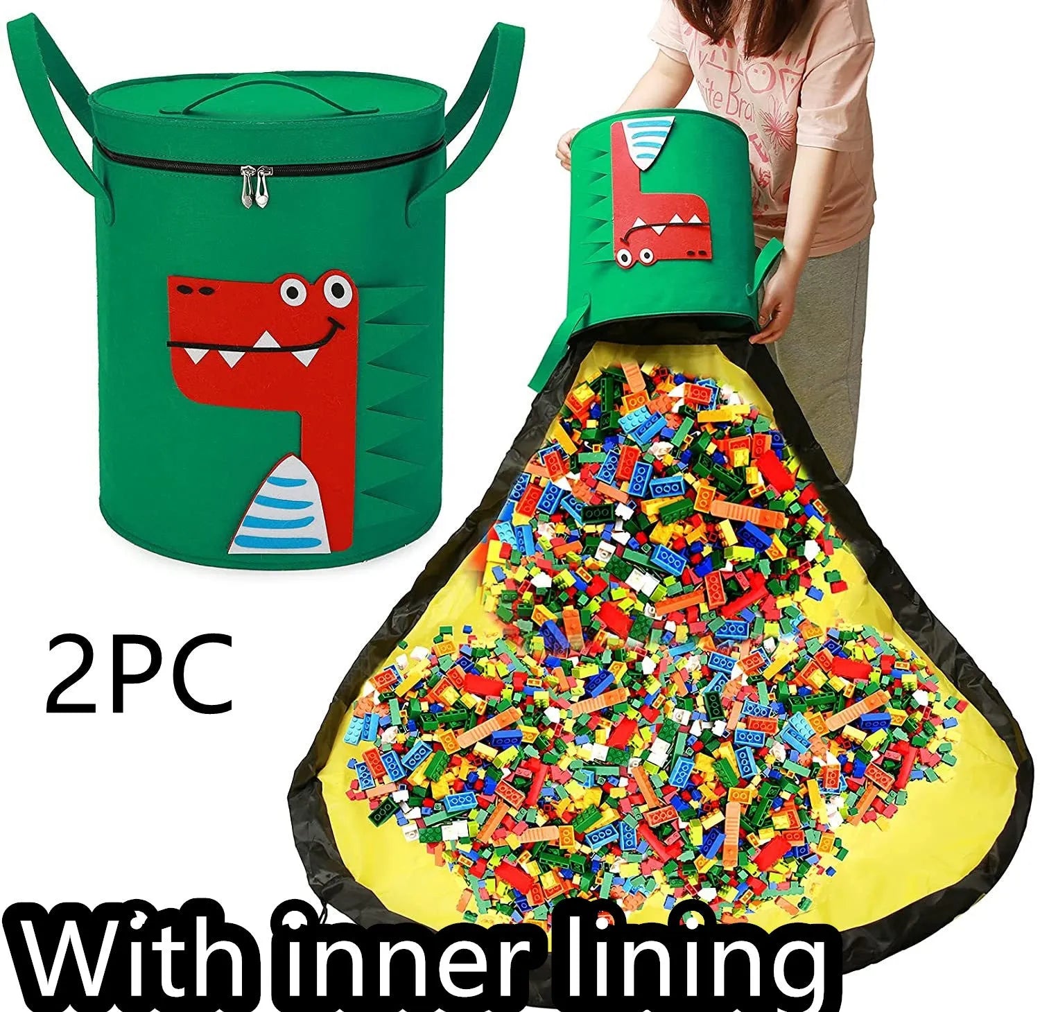 Green cube-shaped felt storage bag with a pull rope, shown as a toy organiser and play mat.