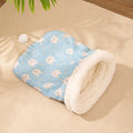 Flannel cat sleeping bag pet bed in pink Trojan pattern, 50cm by 40cm.