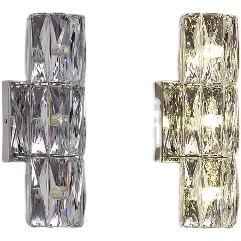 Crystal shade LED wall lamp in chrome or gold finish on stainless steel base.
