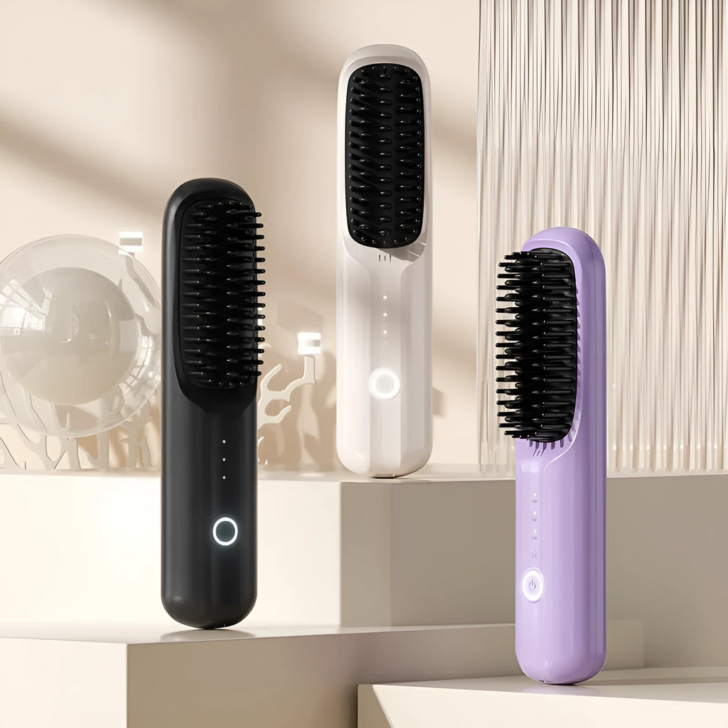 Anion wireless hair straightening comb in beige, pink, purple or black colours with ceramic heating plates