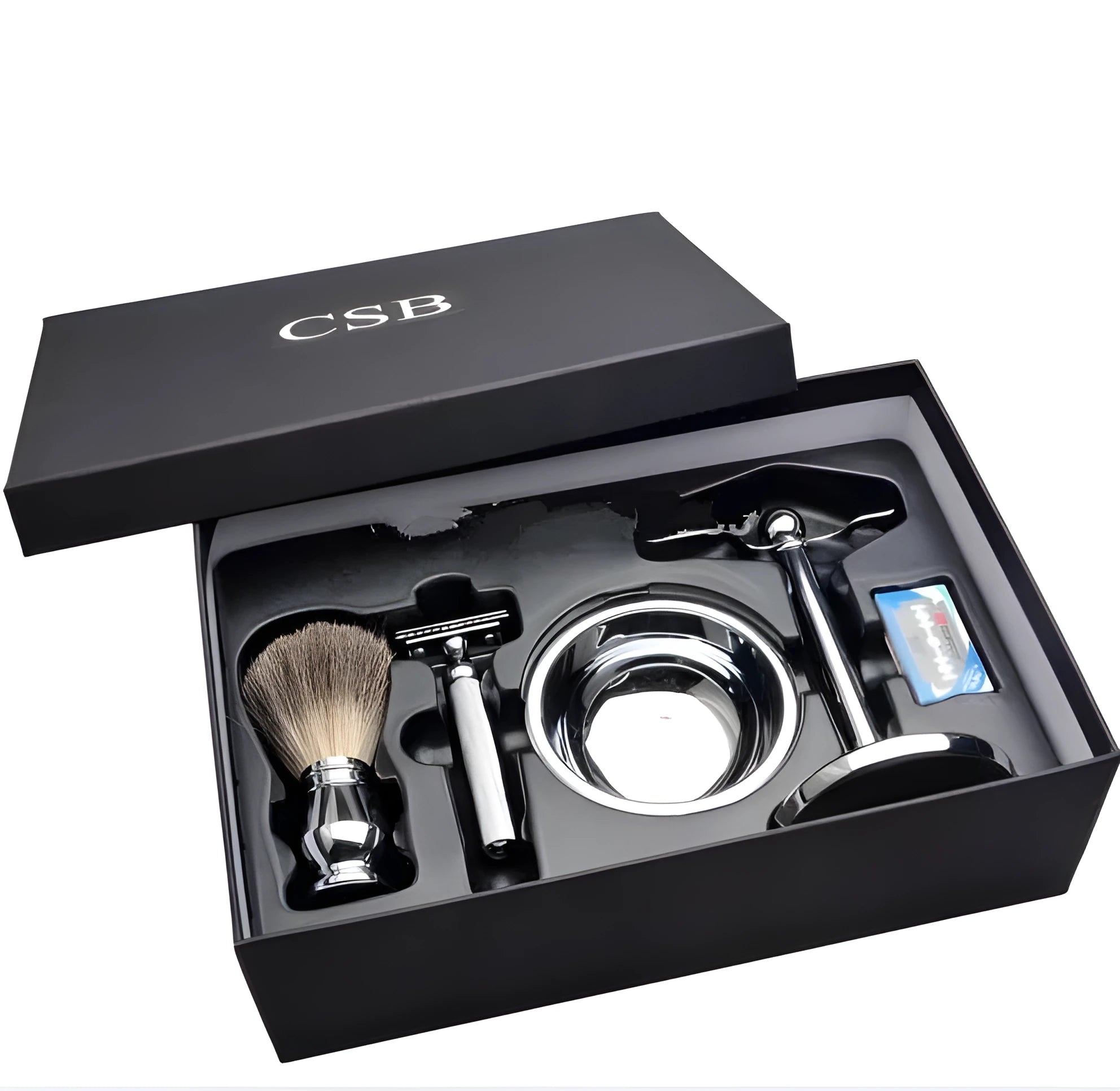 CSB men's shaving set with badger hair brush, chrome razor and stand, zinc alloy bowl, and ten blades.