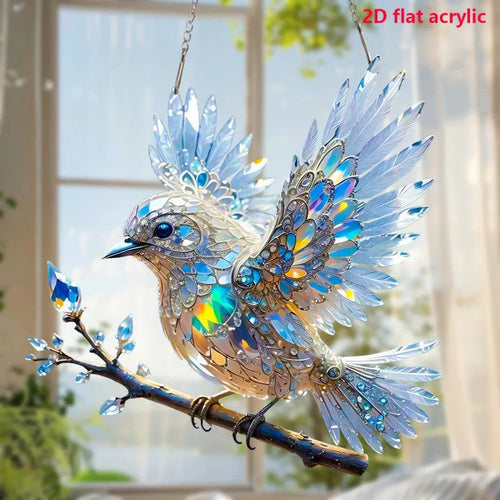 Square acrylic bird pendant ornament with colourful cartoon design for holiday decoration.