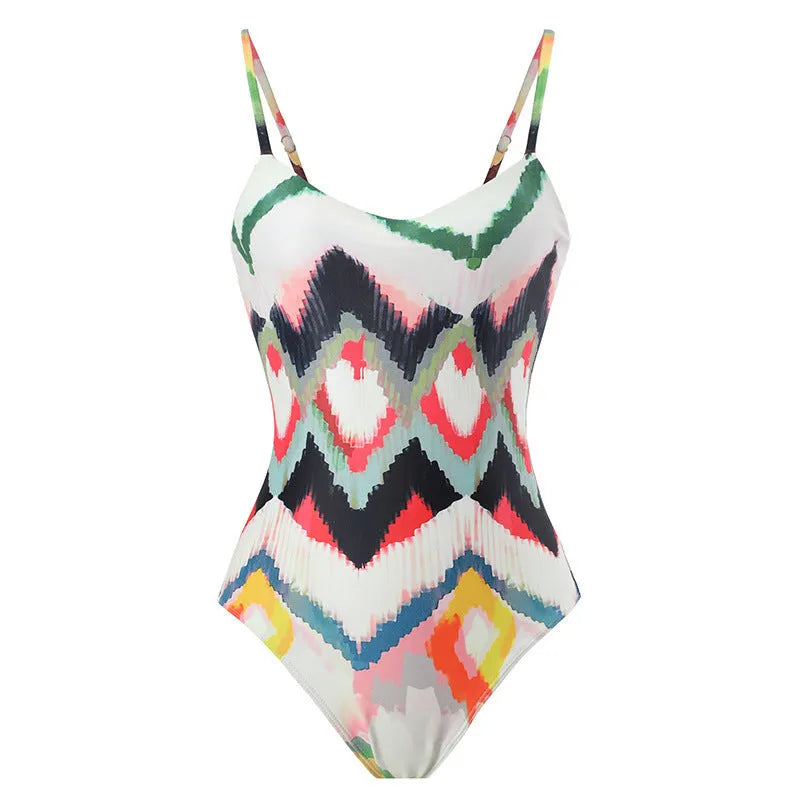 Women’s striped two-piece swimsuit with matching hip skirt in quick-dry polyester fabric