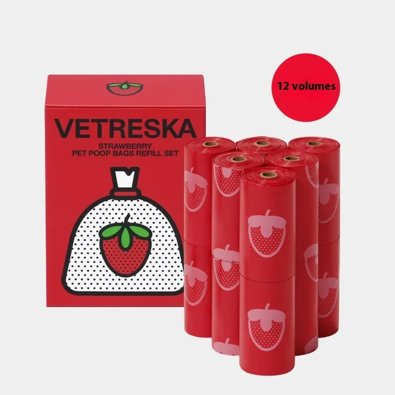 Portable dog poo bag dispenser capsule with scented inner roll in strawberry, orange or cherry blossom options