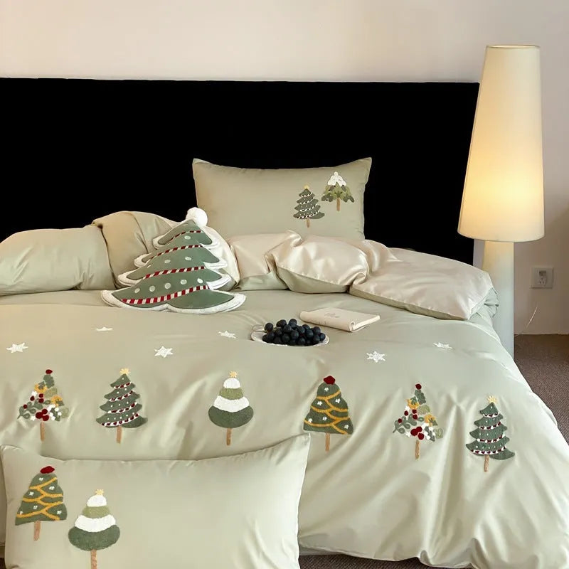 Pure cotton bedding set with embroidered Christmas trees on duvet cover, sheet, and pillowcases in cream blue or green.