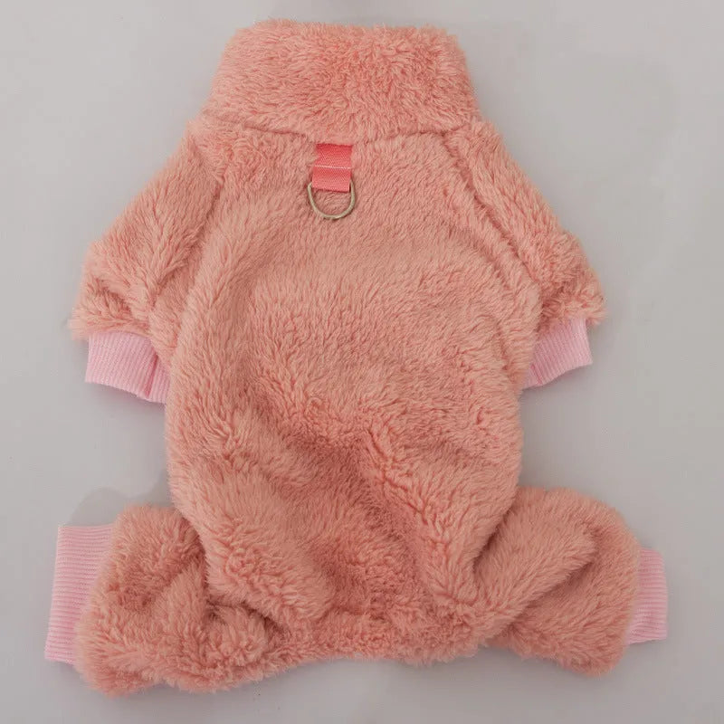 A khaki double-sided plush four-legged dog coat with a high collar and a metal towing ring on the back.