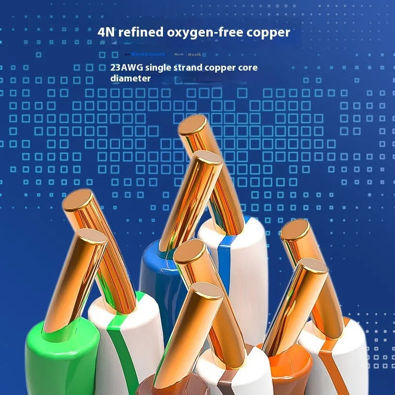305-metre drum of blue Cat 6 oxygen-free copper gigabit network cable with specifications label.