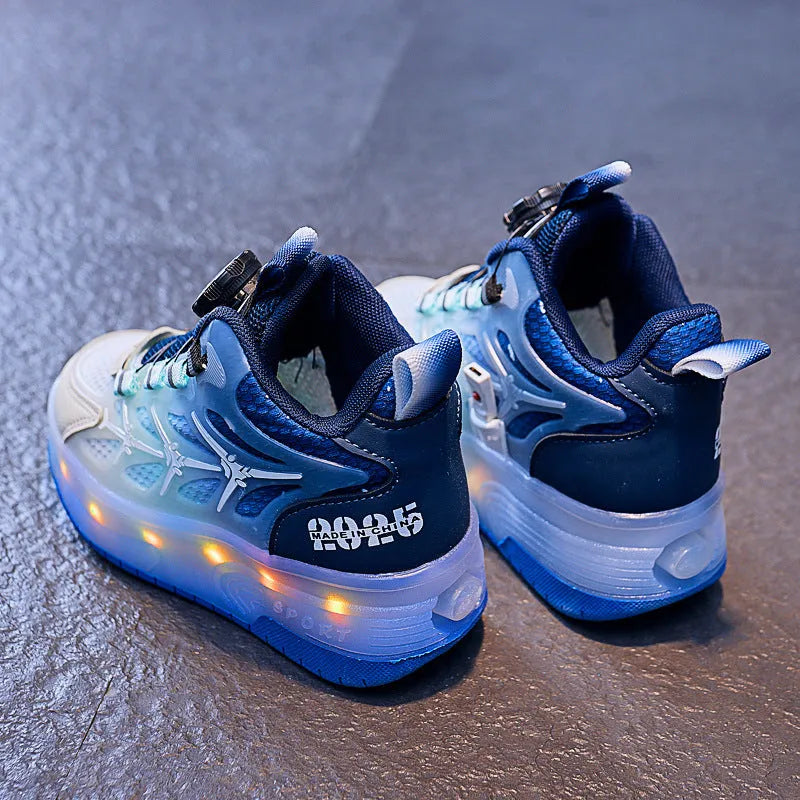 Children's flash knob roller skating shoes with rotating button in blue, black, or pink colours