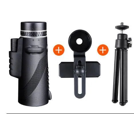 Black 40x60 monocular telescope with smartphone compatibility showing 40x magnification and waterproof construction