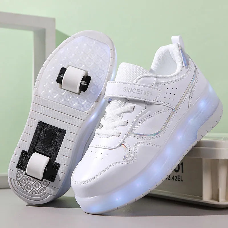 Children's charging flash rollerskates with LED lights in pink colour