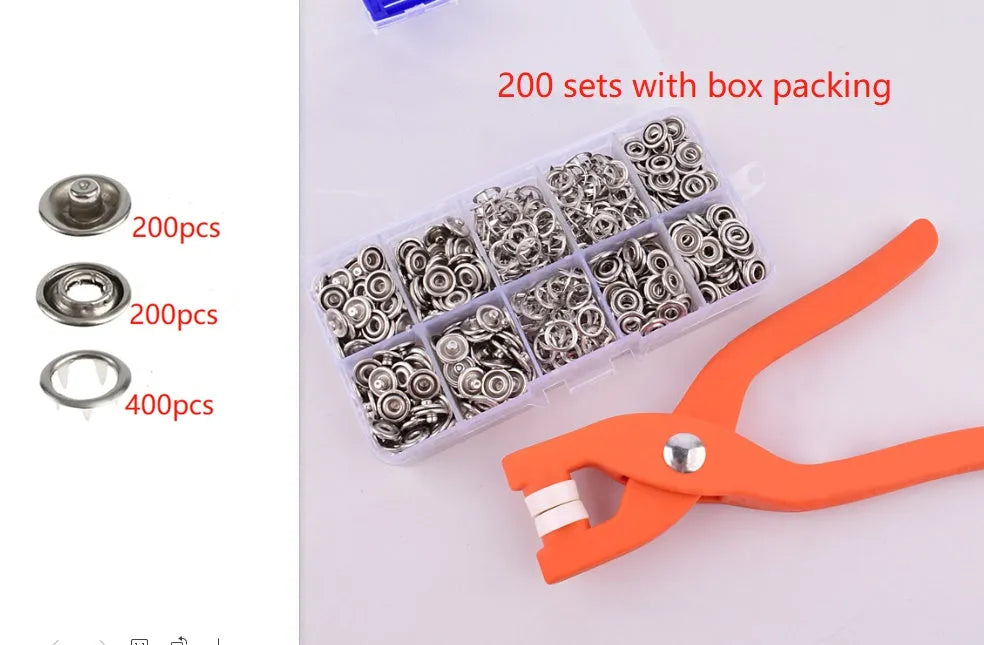 Stainless steel five claw no-sew suit buttons and application pliers for children's clothing.