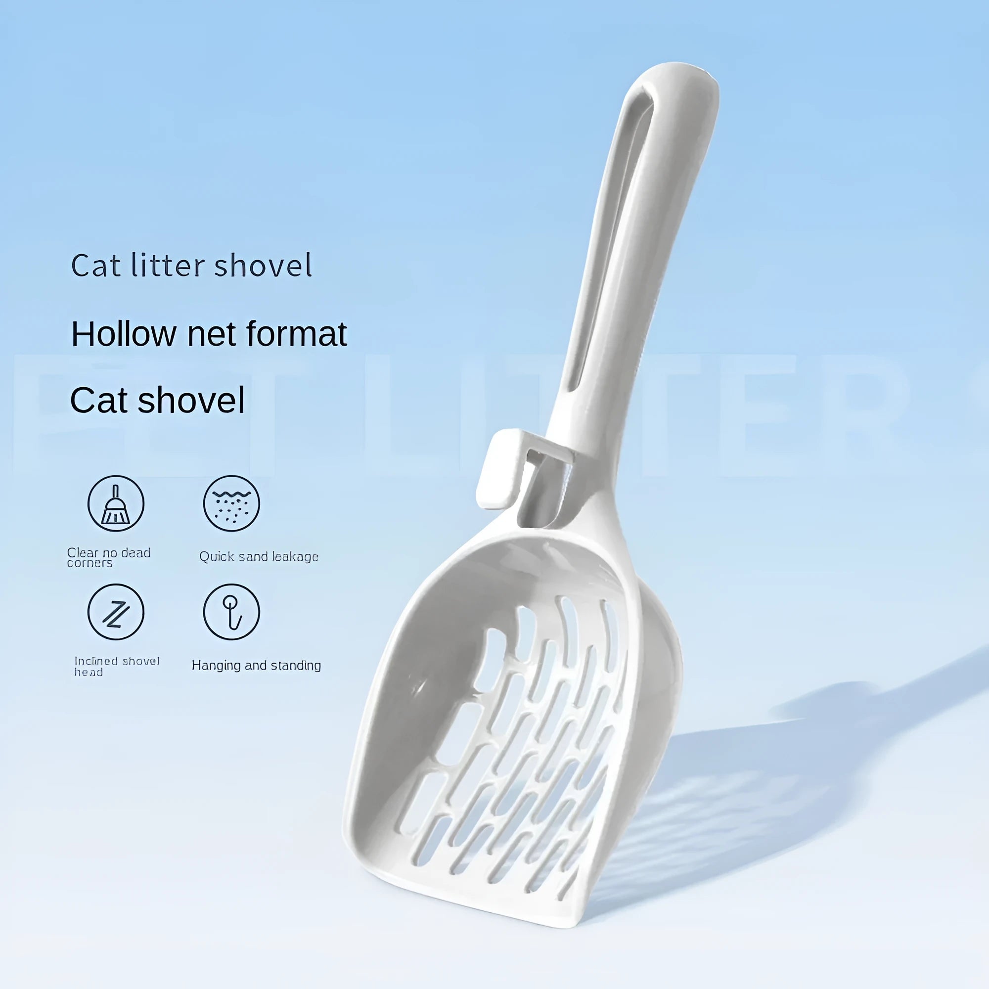 Grey plastic cat litter scoop with perforations and a separate storage base for cat litter box cleaning.
