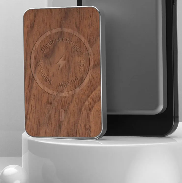 Khaki coloured magnetic wireless charging power bank with USB port showing dimensions