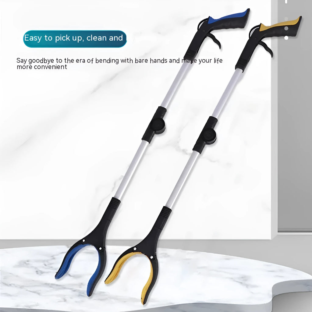 Foldable aluminium garbage clamp with extended silver rod and blue handle, showing magnet sucker attachment.