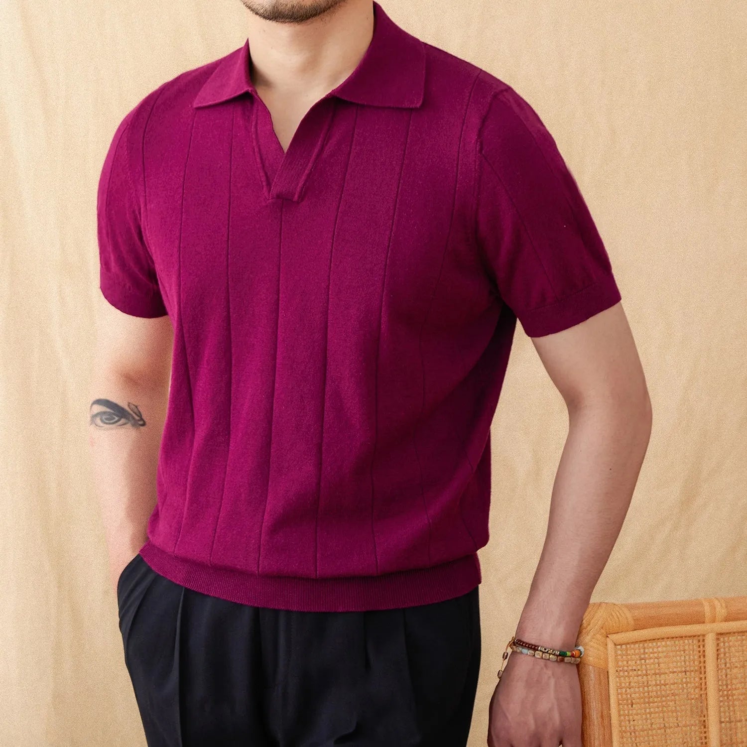 Purple cotton and linen knitted short sleeve polo top with sunken stripe pattern and seagull collar