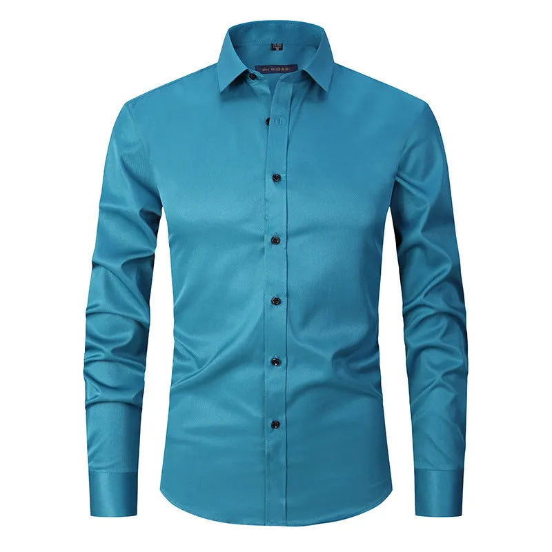 Men's stretch long sleeve work shirt in polyester fabric showing front view with size options