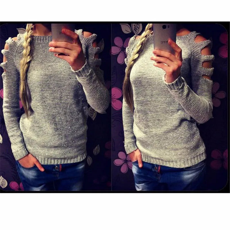 Women's white rabbit fur hollow-out knitted shirt with crochet design and round neckline