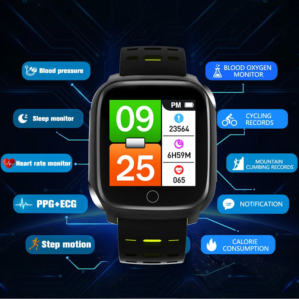 F16 smart watch with ECG monitor for blood pressure and heart rate tracking on wrist