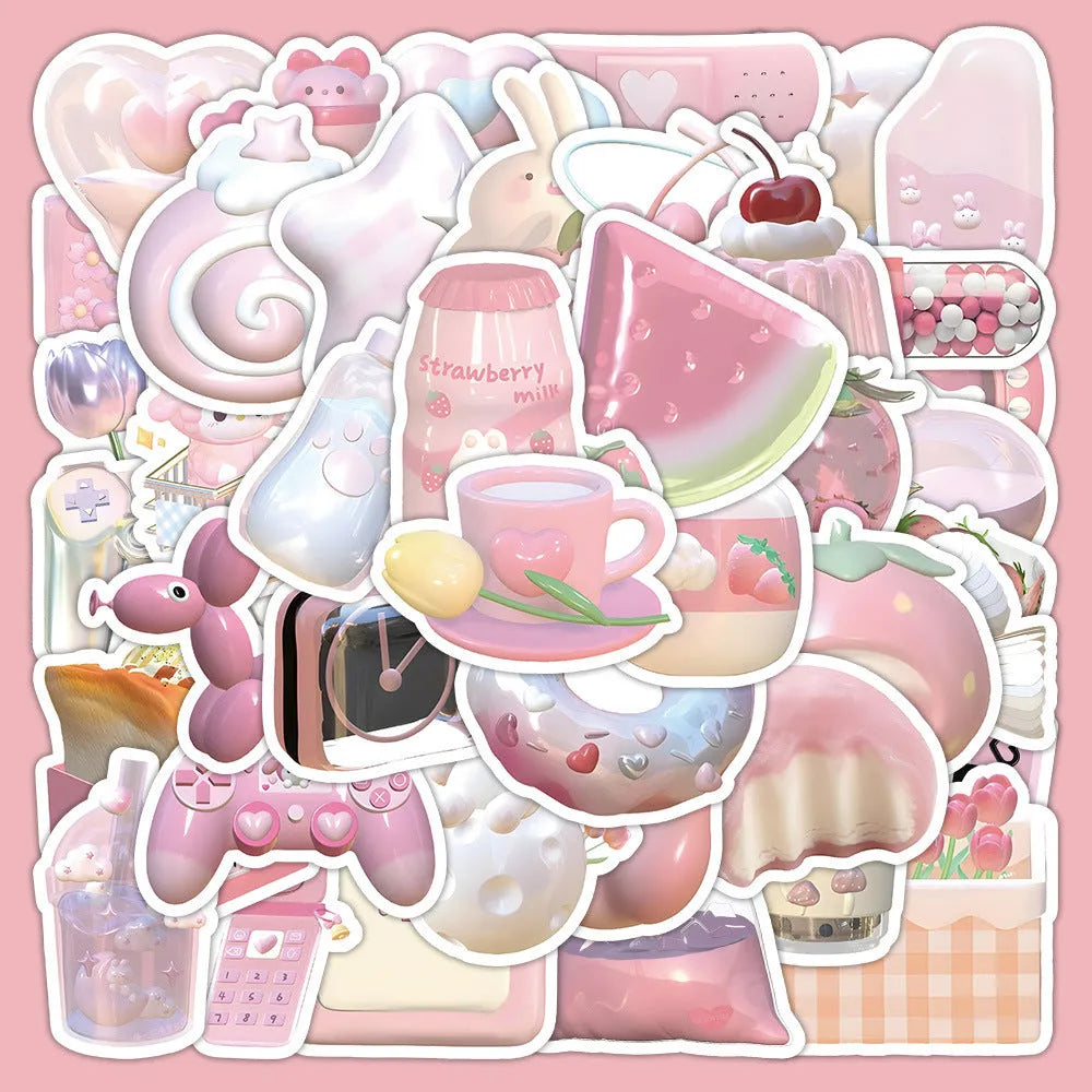 Pack of 63 cute pink heart decorative stickers with realistic 3D print on a sheet.