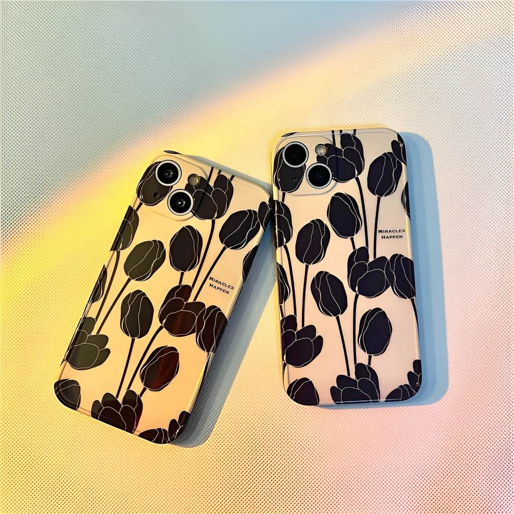 Black silicone iPhone case with tulip pattern design for multiple iPhone models