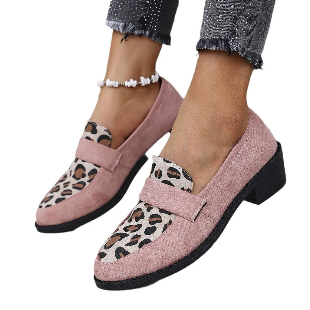Women's leopard print suede slip-on shoes with pointed toe and chunky mid heel