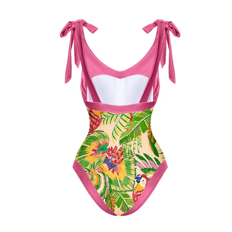 Retro pink floral print one-piece swimsuit with V-neck and covered belly thin skirt design