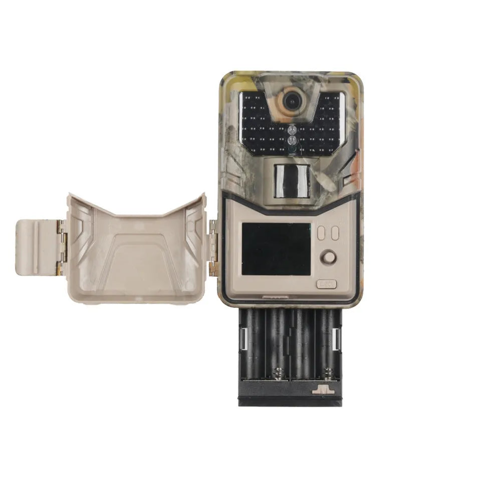 Compact camouflage outdoor Bluetooth hunting camera with infrared LEDs for night vision.