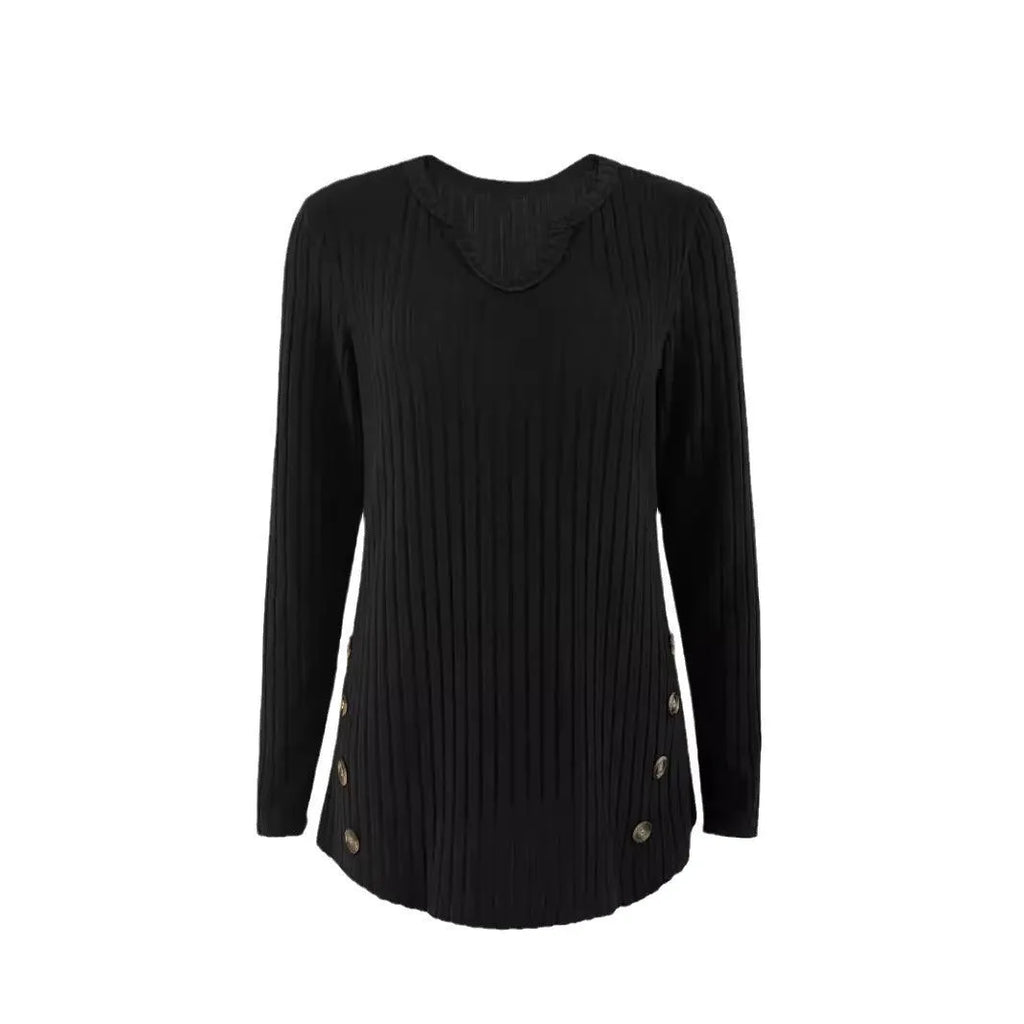 Casual knitted button-front pullover sweater in solid colour with regular sleeves