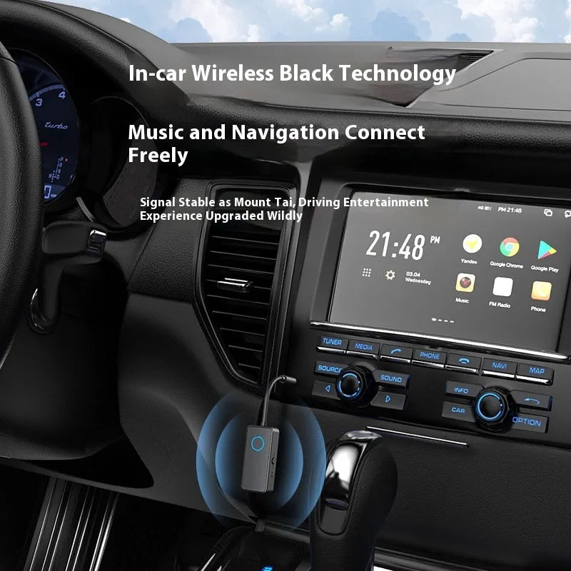 Black Bluetooth 5.4 audio adapter with 3.5mm plug for wireless streaming to car stereos and speakers