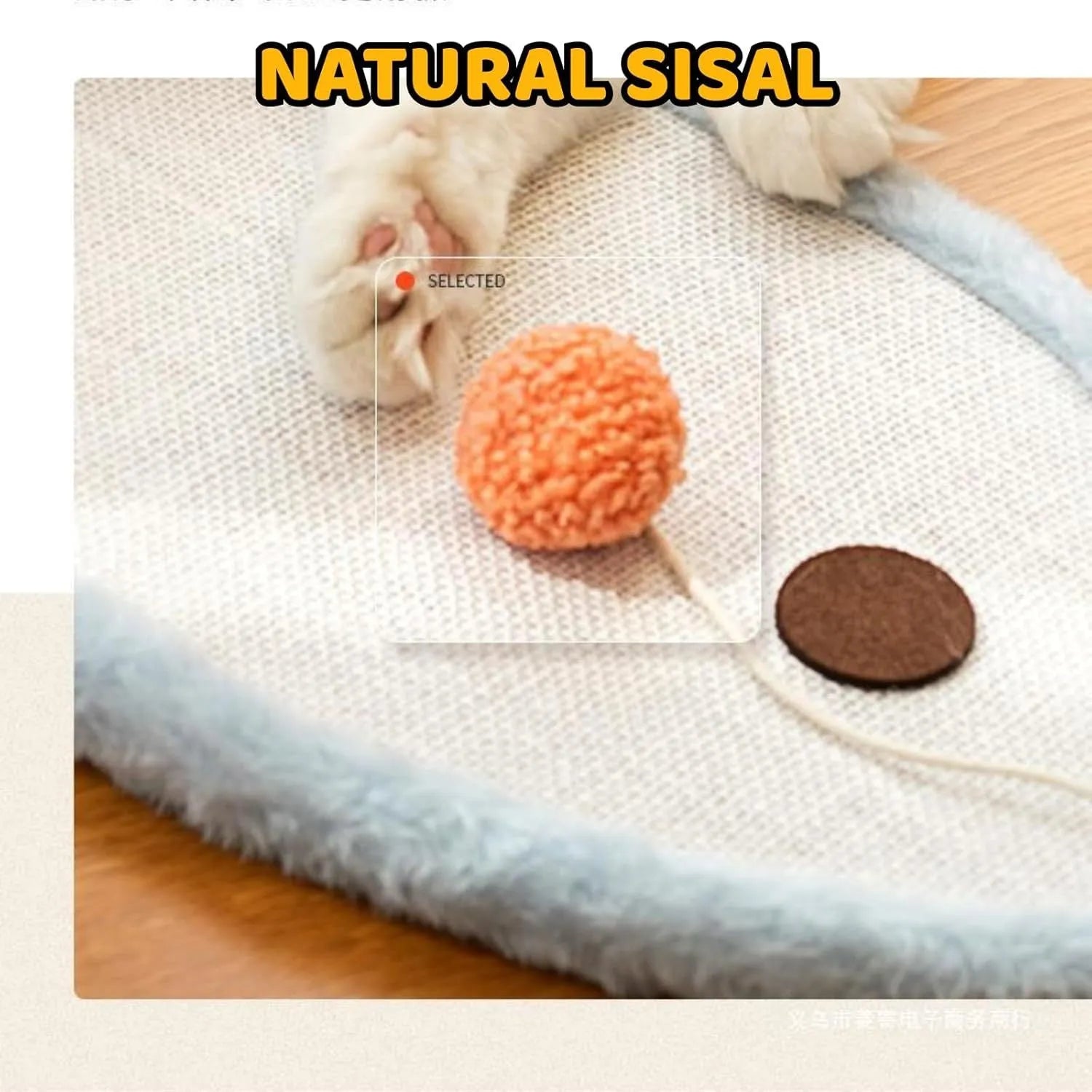 White cat scratching mat with sleeping cat pattern, natural sisal construction, wall mounted design