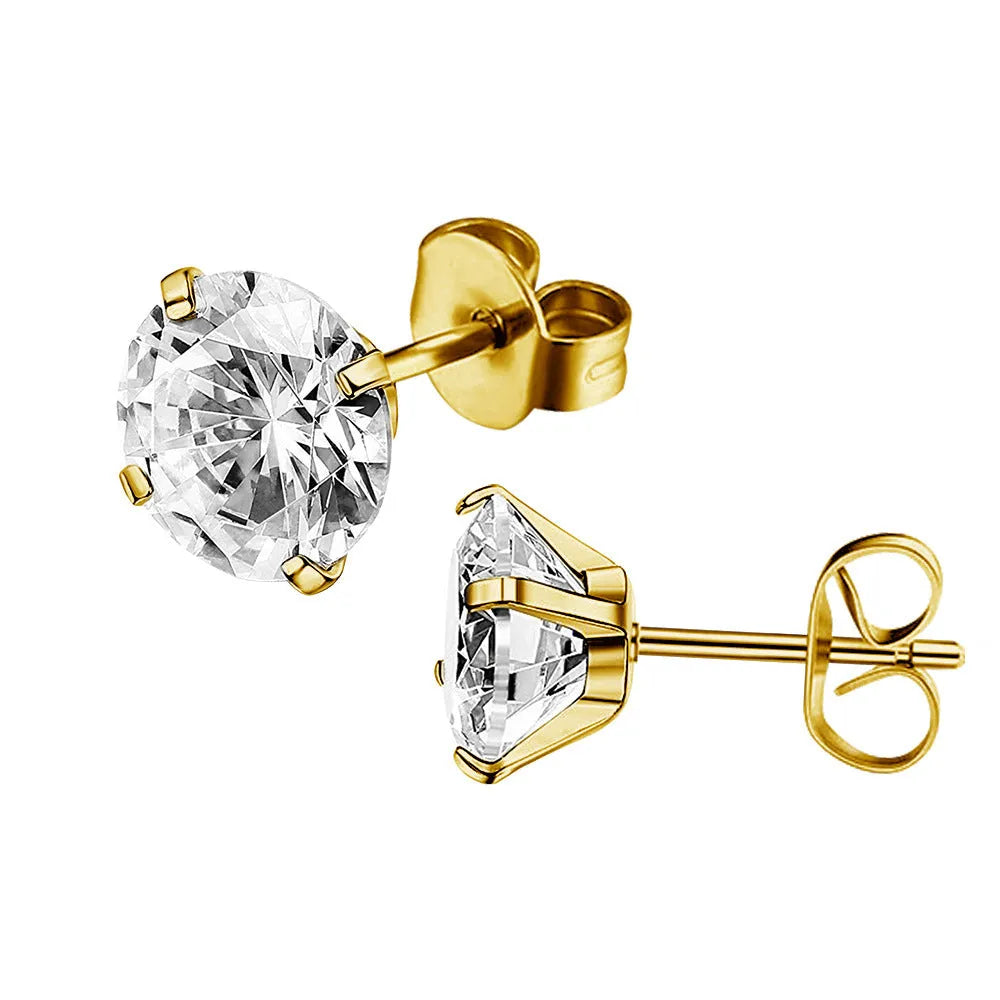 Titanium steel square geometric stud earrings with zircon stones in gold or steel colour finishes