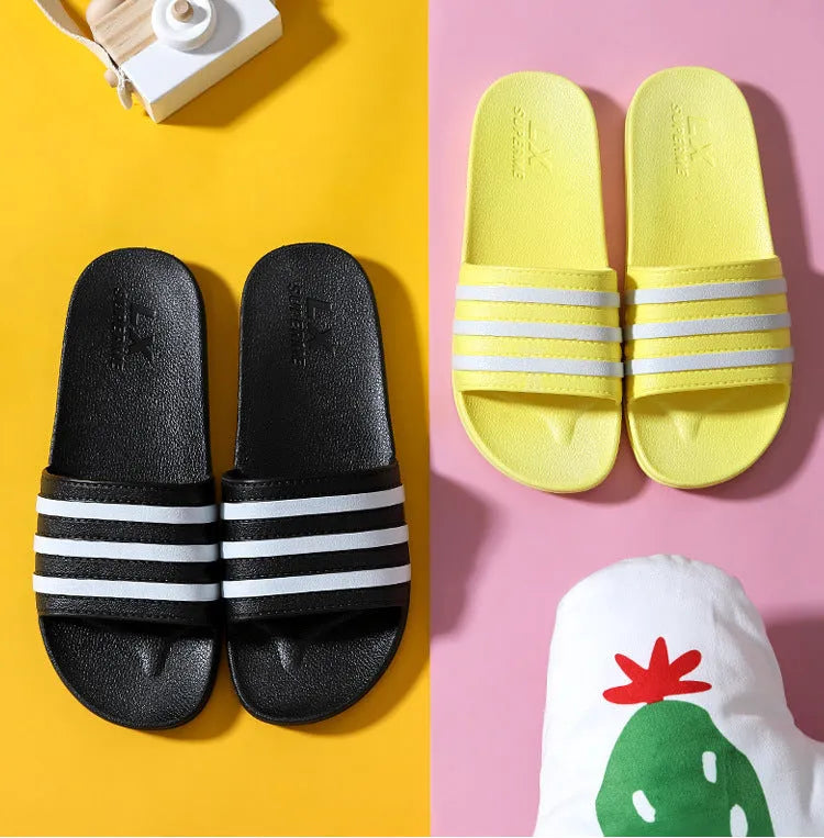 White stripes PVC bathroom slippers for women and men with three-bar design and injection moulded sole
