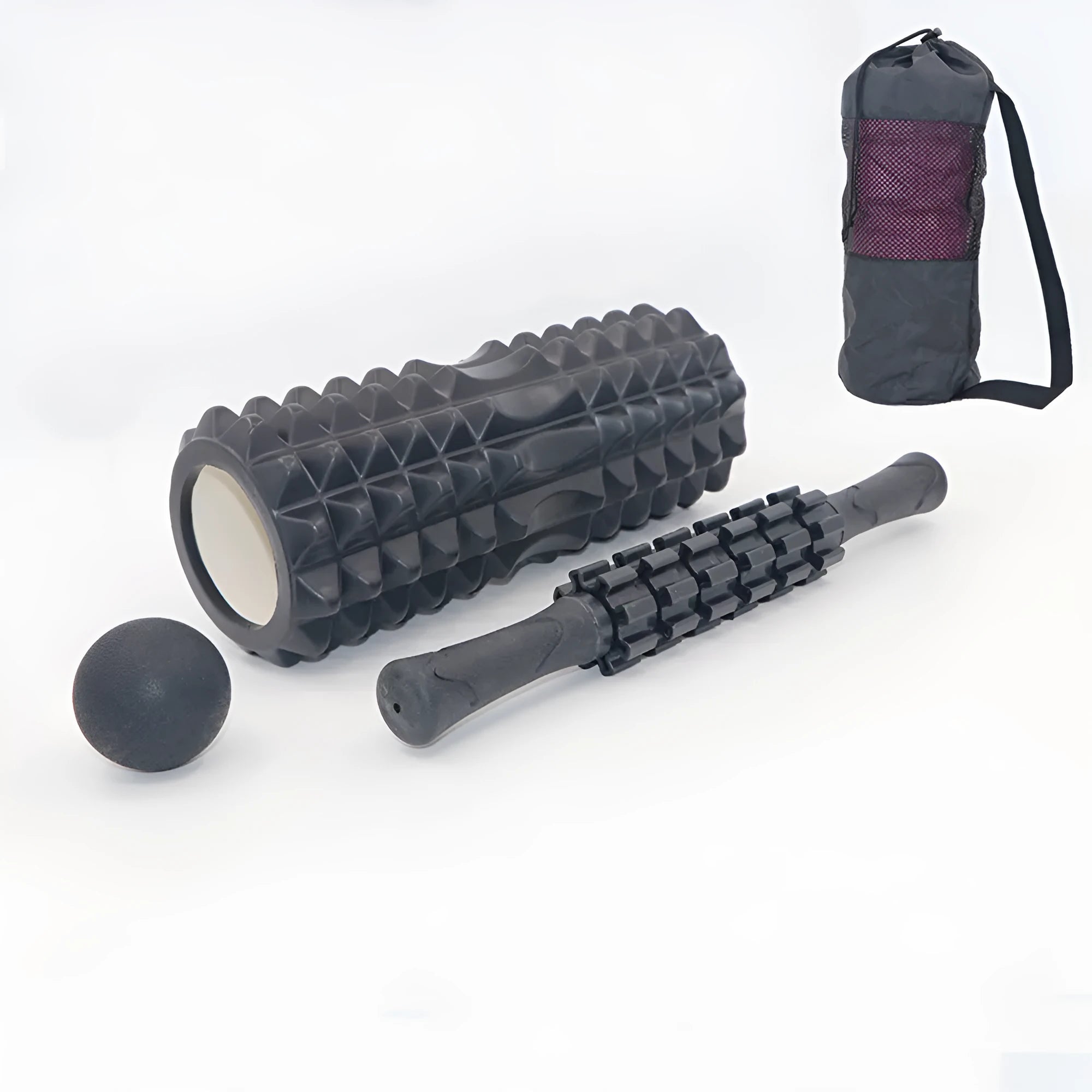 Black fitness foam roller massage stick measuring 33cm in length.