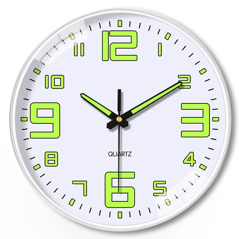 Modern 8 inch diameter luminous wall clock with silent movement on a wall.