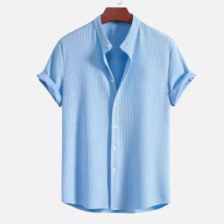 Men's loose fit short sleeve polyester shirt in multiple colour options showing Asian sizing