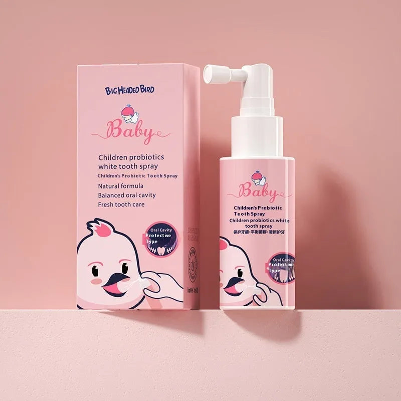 Children's probiotics white teeth cleaning spray bottle with strawberry and orange flavour options