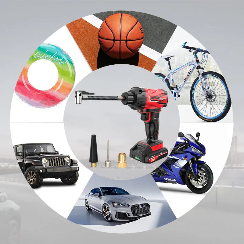 Red and black portable car wireless air pump with nozzles and power cable for tyre inflation