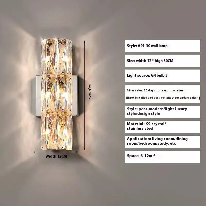 Crystal shade LED wall lamp in chrome or gold finish on stainless steel base.