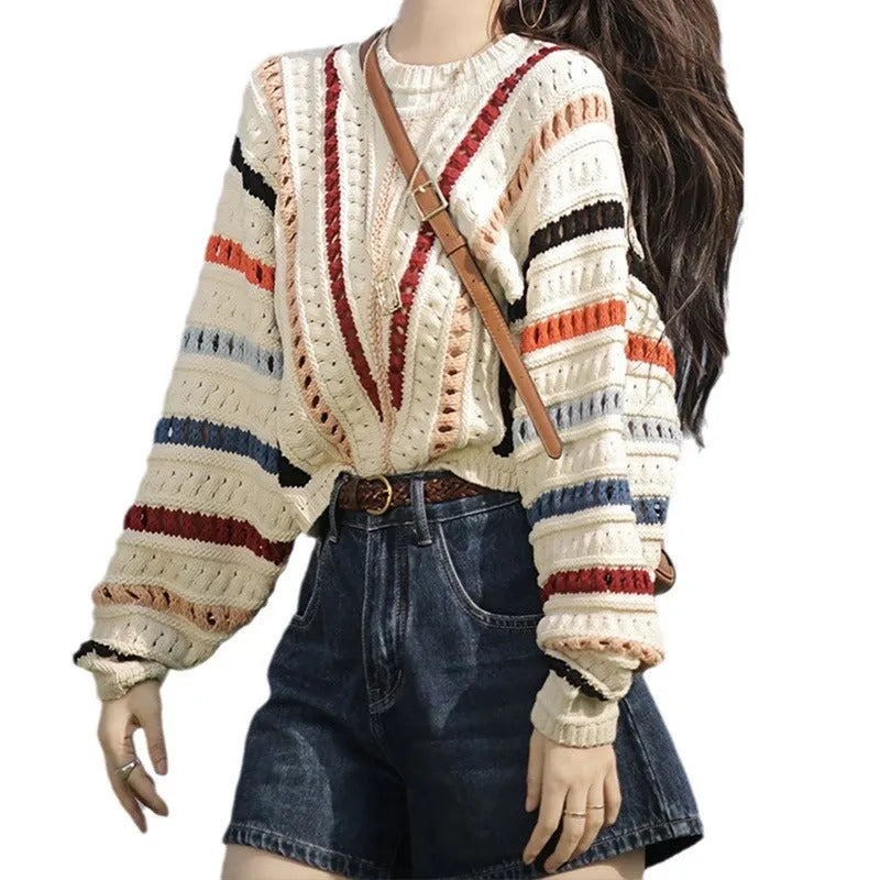 Retro rainbow striped loose pullover sweater with batwing sleeves in Japanese-Korean casual style