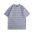 A striped, loose-fitting couple's T-shirt with a round neck and short sleeves, shown in various colours.