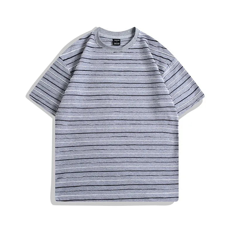 A striped, loose-fitting couple's T-shirt with a round neck and short sleeves, shown in various colours.