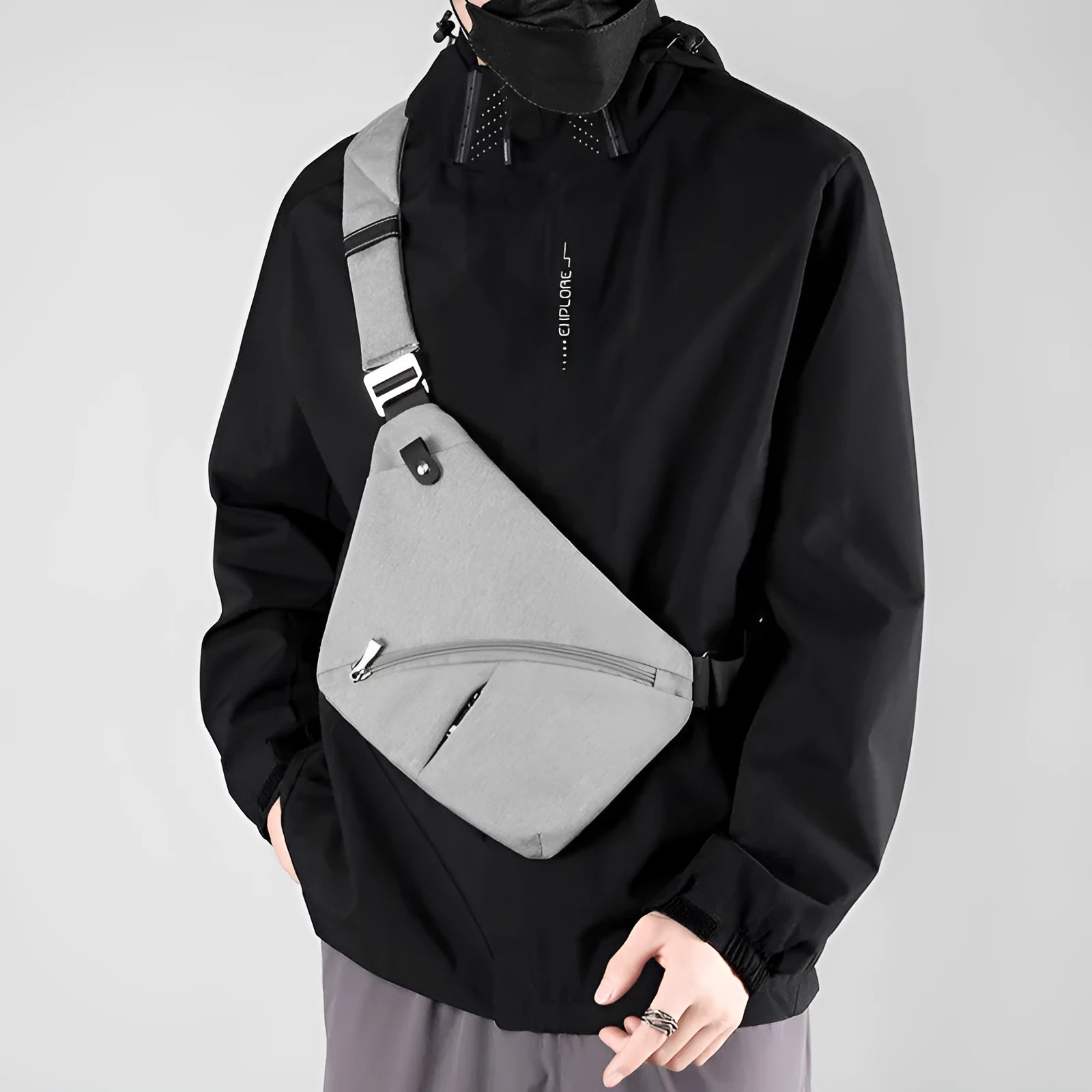 Men's oxford cloth chest bag in grey colour with left shoulder configuration