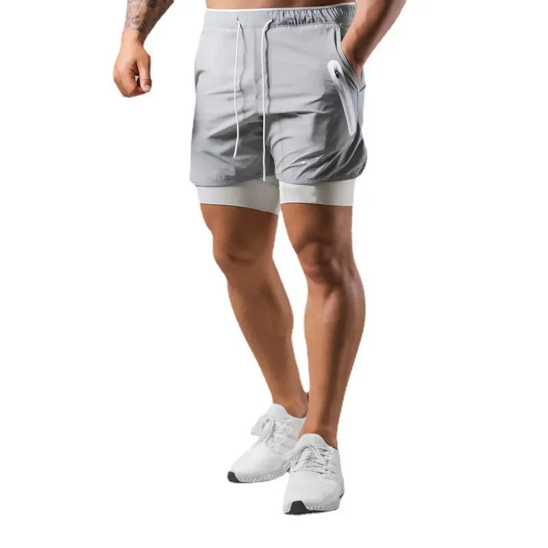 Men's double layer running shorts in light slate green with polyester lining, Asian sizes M-XXXL