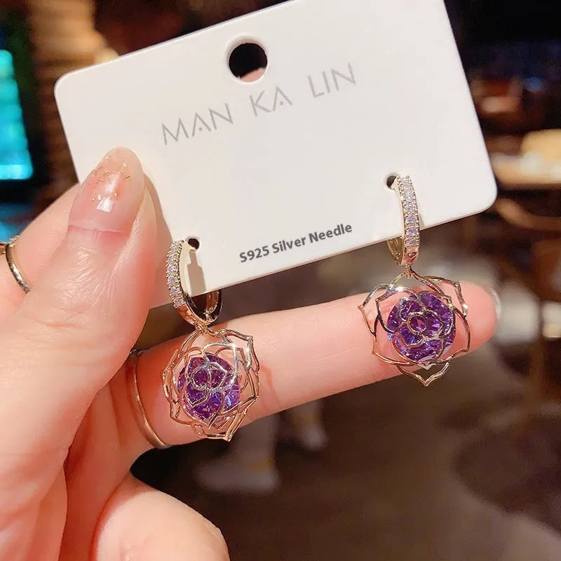 Copper geometric rose earrings for women with electroplated zircon finish in multiple colour options
