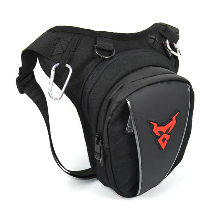 Motorcycle rider's leg bag in 1200D Oxford cloth, shown in red, blue, green, and grey colour options.