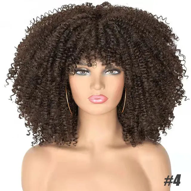 African small curly hair afro wig headgear in high temperature silk with bangs, available in multiple colours
