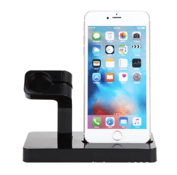 White 2-in-1 charging dock holding an iPhone and Apple Watch with anti-slip silicone pads