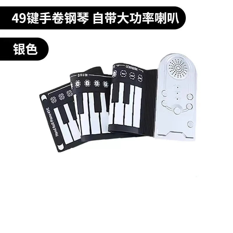 Portable folding electronic keyboard with 49 silicone rubber keys in hand roll design, shown in gloss black finish