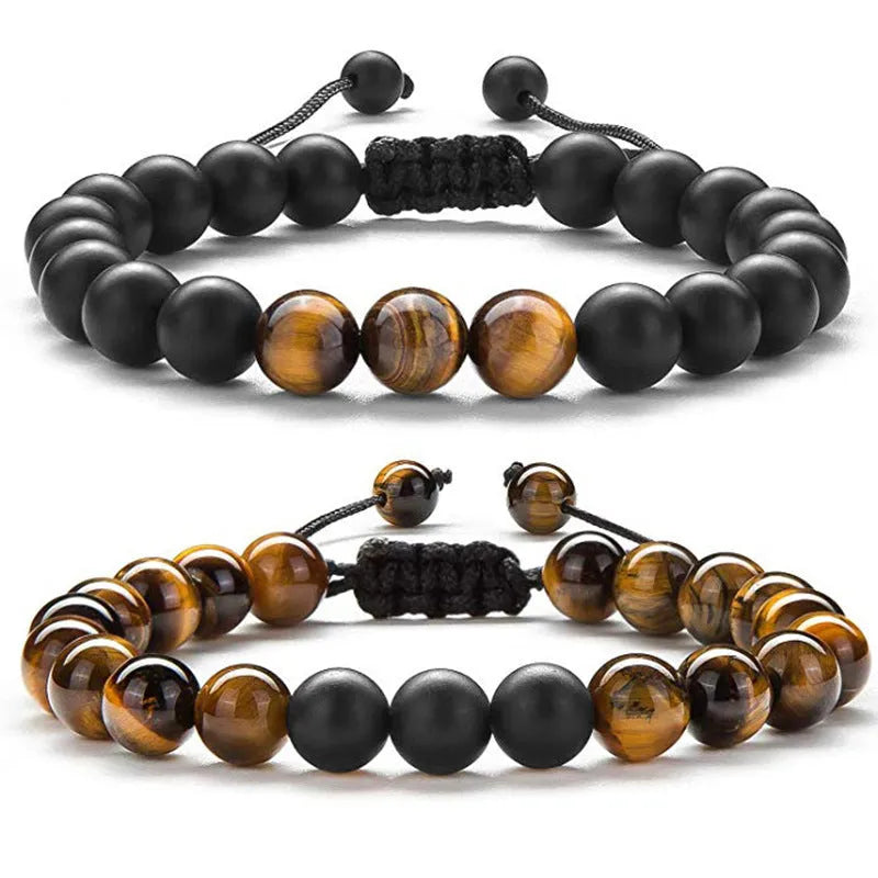 Geometric matte black agate couple bracelets for matching wear.